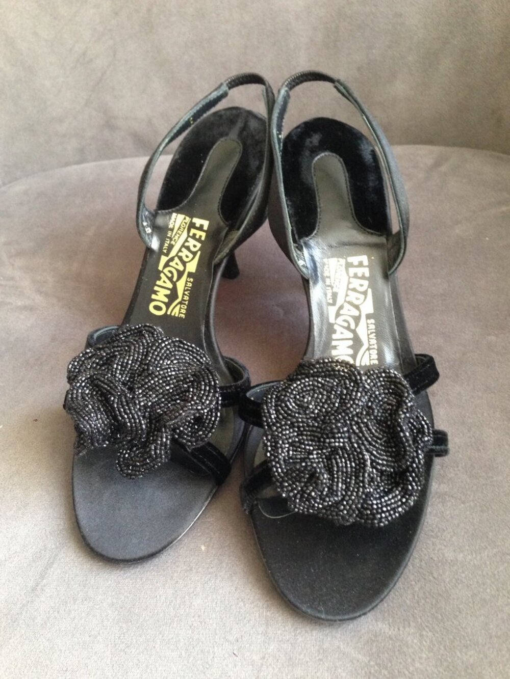 Salvatore Ferragamo Tamy Velvet Slingback Sandals Black Beaded Flower